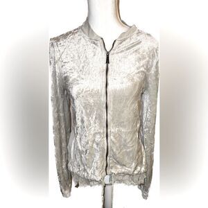 XCVI CRUSHED velvet zip up sweater with lace/tulle border. So cute!
